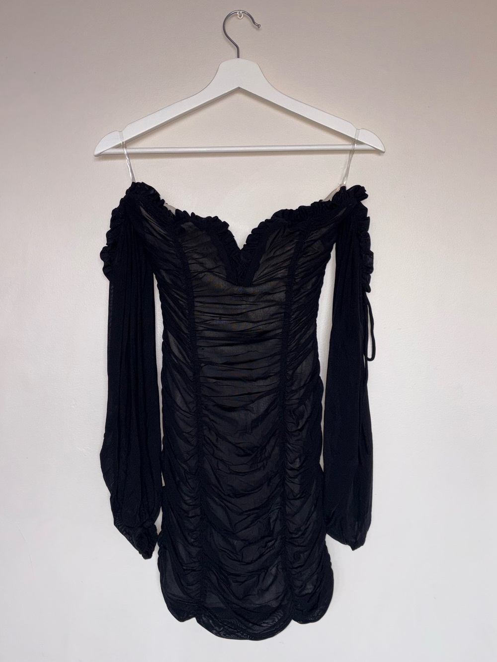 Fashion Nova Black Off-Shoulder Ruched Long Sleeve Mini Dress